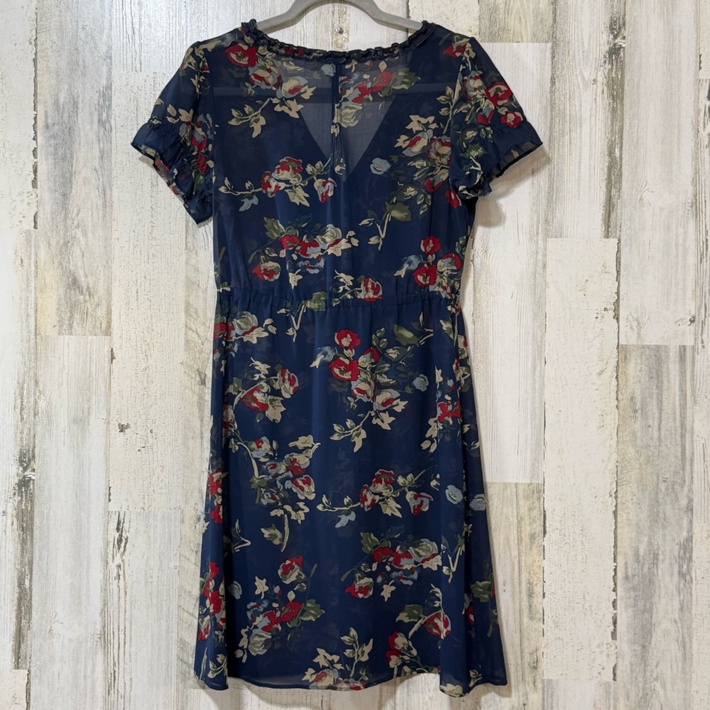 Sheer Mini Dress Cinched Waist Small Ruffle Details Neckline in Floral Navy - Picture 2 of 7